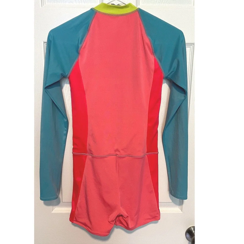 Crewcuts Kids 14 One Piece Long Sleeve Swimsuit Pink Teal Rash Guard UPF 50+